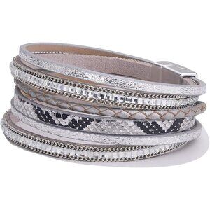 Boho Leather Wrap Bracelet Faux Leather Silver 8 In Stackable Layered Jewelry